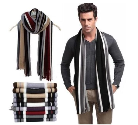Striped Scarf, Men's Towel, Knit Neck Warmer, Fringe Scarf